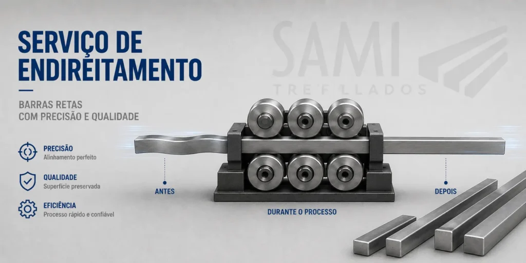 Processo de endireitamento de barras de aço realizado pela SAMI Trefilados.